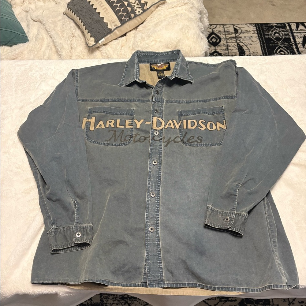 Harley-Davidson Blue Denim Shirt with Tan Liner and Yellow Logo Vintage